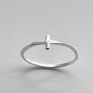 Dainty Sideway Cross Sterling Silver Rope Band Ring,Religious Ring, Cross Ring,